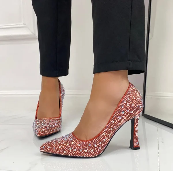 Primi Tacchi Natalie - Scarpe Décolleté Strass Elegante Tacco Rosso Outlet