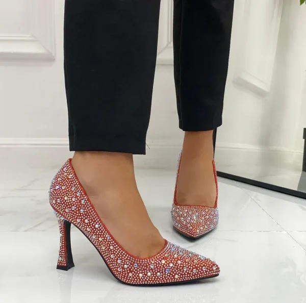 Primi Tacchi Natalie - Scarpe Décolleté Strass Elegante Tacco Rosso Outlet