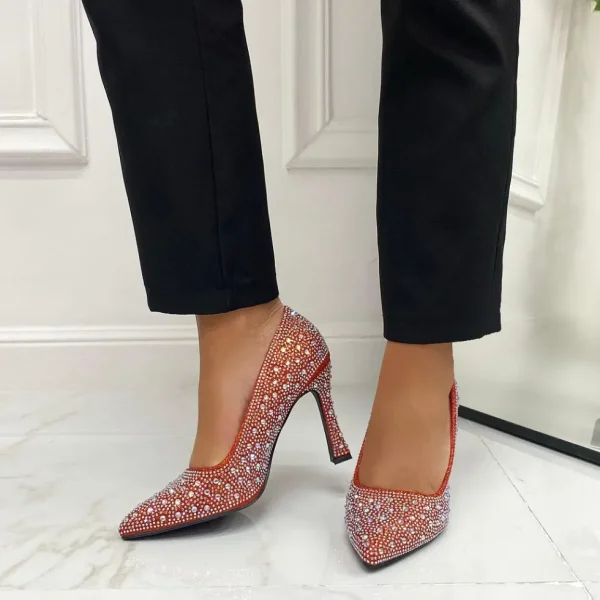 Primi Tacchi Natalie - Scarpe Décolleté Strass Elegante Tacco Rosso Outlet