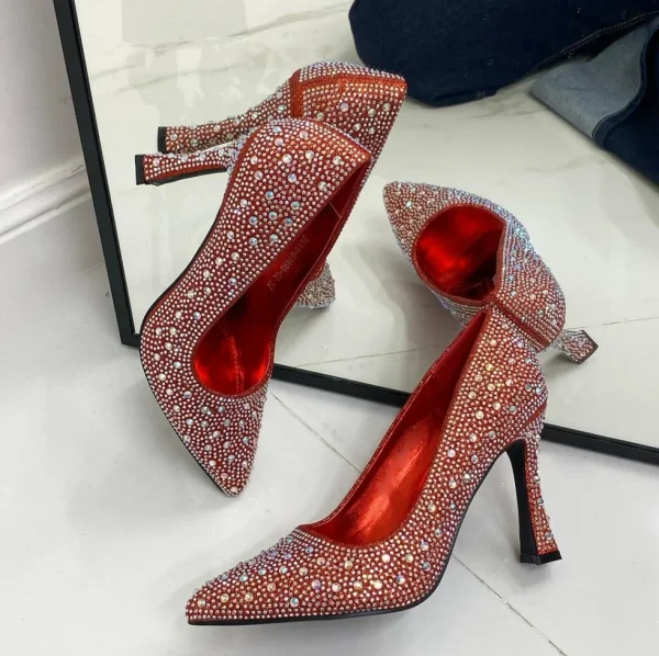 Primi Tacchi Natalie - Scarpe Décolleté Strass Elegante Tacco Rosso Outlet