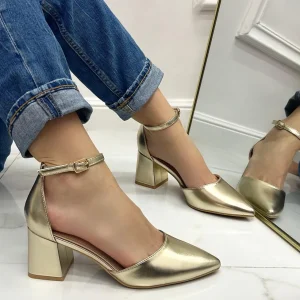 Primi Tacchi Noelia - Décolleté Donna Tacco Basso Quadrato Punta Oro Best