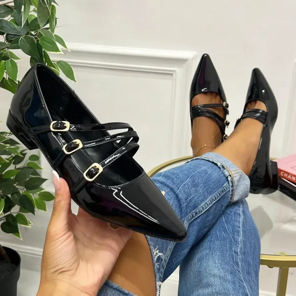 Primi Tacchi Olena - Scarpe Donna Ballerine Cinturini Comode Vernice Nero New