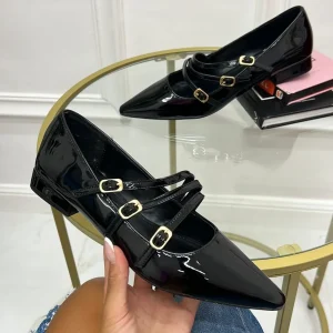 Primi Tacchi Olena - Scarpe Donna Ballerine Cinturini Comode Vernice Nero New