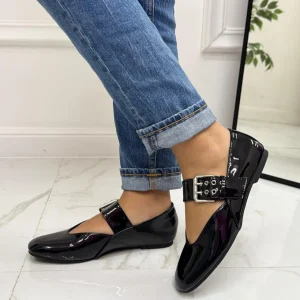 Primi Tacchi Pamela - Scarpe Donna Ballerine Cinturino Comode Lucido Nero Sale