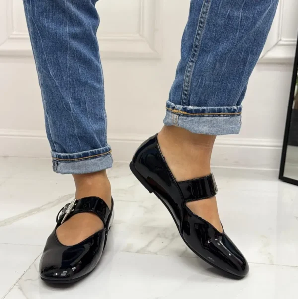 Primi Tacchi Pamela - Scarpe Donna Ballerine Cinturino Comode Lucido Nero Sale