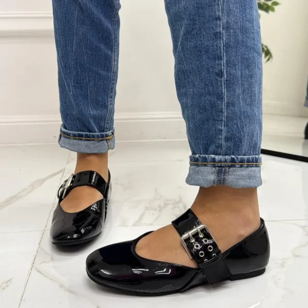 Primi Tacchi Pamela - Scarpe Donna Ballerine Cinturino Comode Lucido Nero Sale