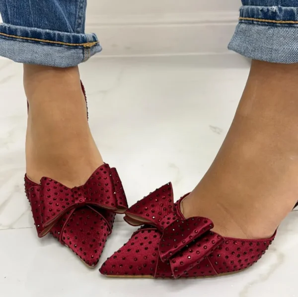 Primi Tacchi Queen - Decolleté Donna Punta Scarpa Tacco Basso Strass BORDEAUX Fashion
