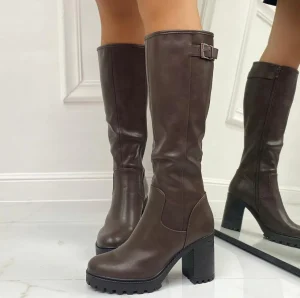 Primi Tacchi Rais- Stivali Donna Tacco Quadrato Alto Punta Marrone New
