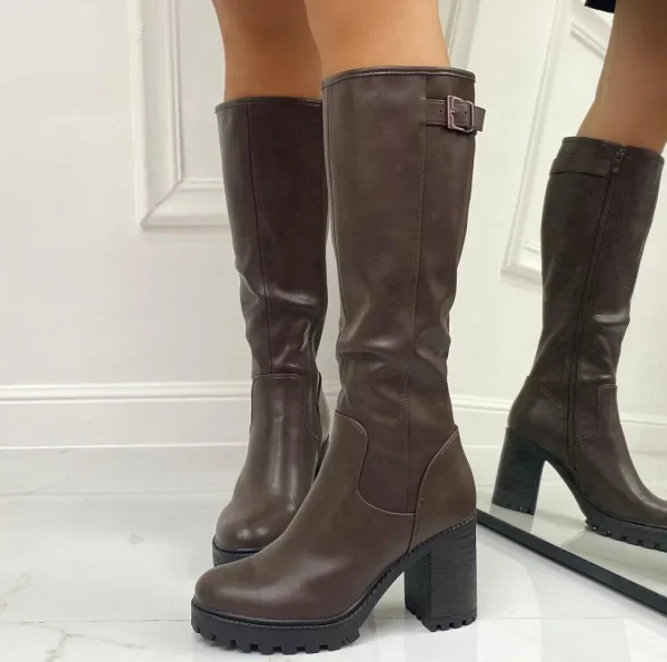 Primi Tacchi Rais- Stivali Donna Tacco Quadrato Alto Punta Marrone New