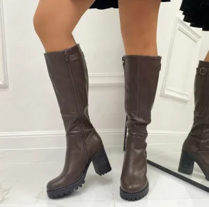 Primi Tacchi Rais- Stivali Donna Tacco Quadrato Alto Punta Marrone New