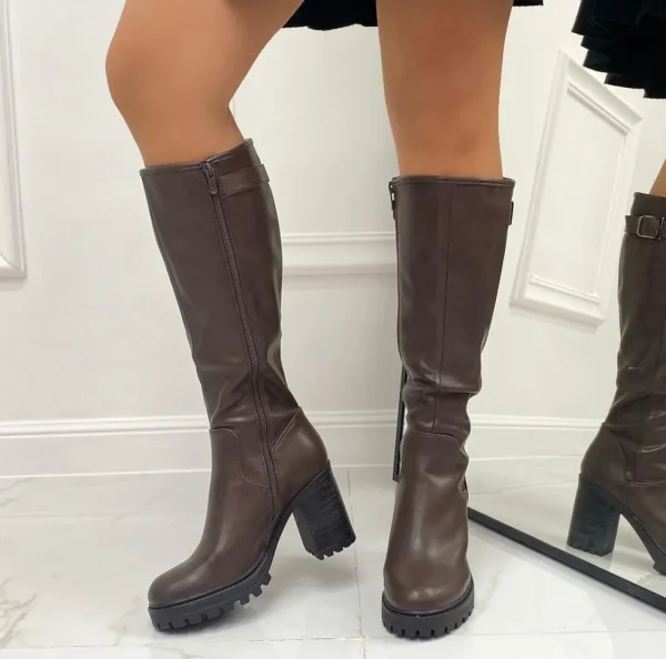 Primi Tacchi Rais- Stivali Donna Tacco Quadrato Alto Punta Marrone New