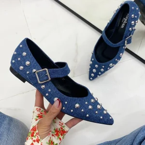 Primi Tacchi Rita - Scarpe Donna Ballerine Cinturino Borchie Casual JEANS Clearance