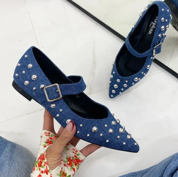 Primi Tacchi Rita - Scarpe Donna Ballerine Cinturino Borchie Casual JEANS Clearance