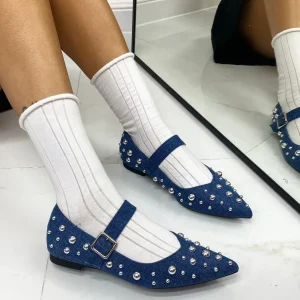 Primi Tacchi Rita - Scarpe Donna Ballerine Cinturino Borchie Casual JEANS Clearance