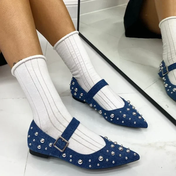 Primi Tacchi Rita - Scarpe Donna Ballerine Cinturino Borchie Casual JEANS Clearance