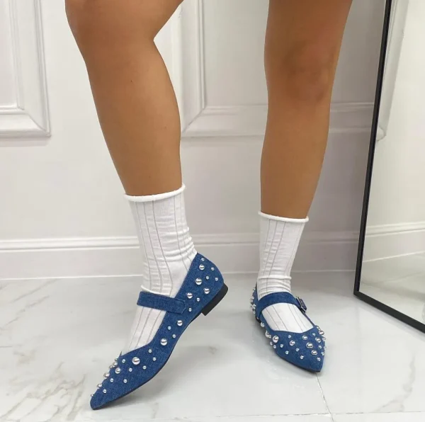 Primi Tacchi Rita - Scarpe Donna Ballerine Cinturino Borchie Casual JEANS Clearance