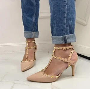 Primi Tacchi Rosalia - Décolleté Donna Cinturino Tacco Spillo Basso Borchie Elegant NUDE Fashion