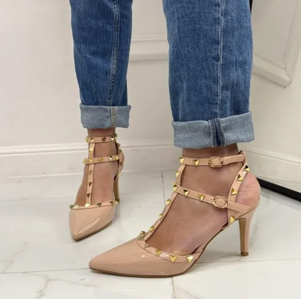 Primi Tacchi Rosalia - Décolleté Donna Cinturino Tacco Spillo Basso Borchie Elegant NUDE Fashion