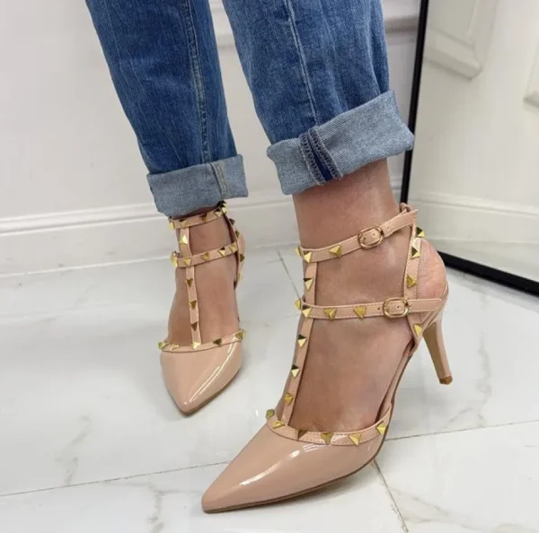 Primi Tacchi Rosalia - Décolleté Donna Cinturino Tacco Spillo Basso Borchie Elegant NUDE Fashion
