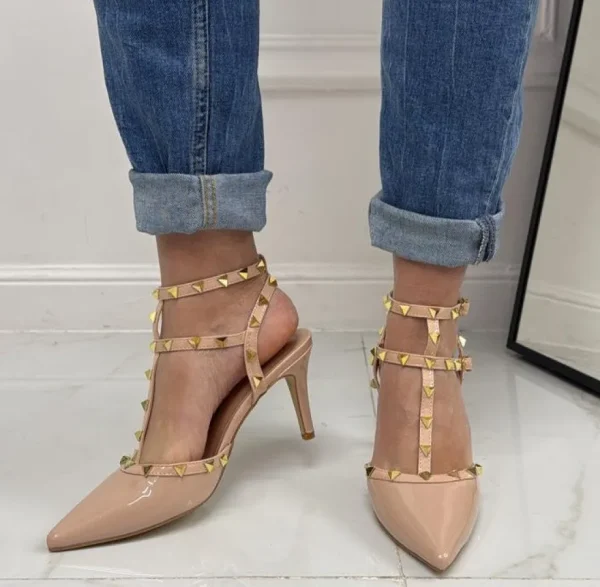 Primi Tacchi Rosalia - Décolleté Donna Cinturino Tacco Spillo Basso Borchie Elegant NUDE Fashion
