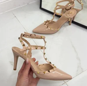 Primi Tacchi Rosalia - Décolleté Donna Cinturino Tacco Spillo Basso Borchie Elegant NUDE Fashion