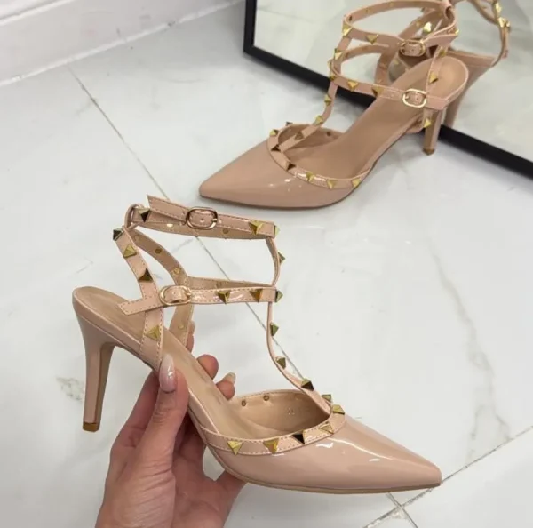 Primi Tacchi Rosalia - Décolleté Donna Cinturino Tacco Spillo Basso Borchie Elegant NUDE Fashion