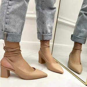 Primi Tacchi Rubina - Décolleté Donna Tacco Quadrato Punta Lacci Incrociati Beige Online