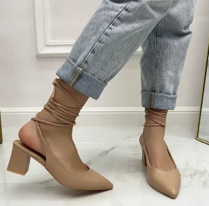 Primi Tacchi Rubina - Décolleté Donna Tacco Quadrato Punta Lacci Incrociati Beige Online