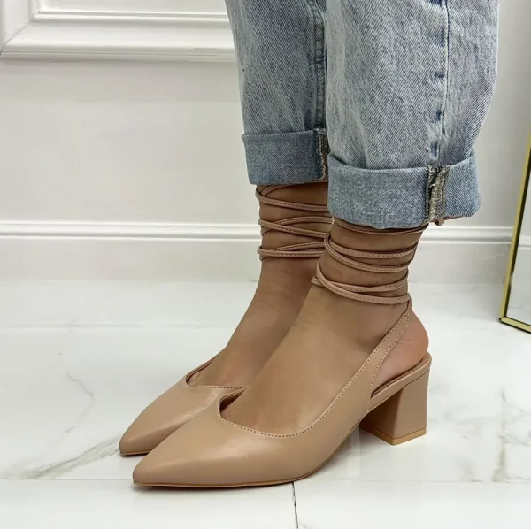 Primi Tacchi Rubina - Décolleté Donna Tacco Quadrato Punta Lacci Incrociati Beige Online