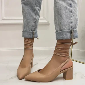 Primi Tacchi Rubina - Décolleté Donna Tacco Quadrato Punta Lacci Incrociati Beige Online