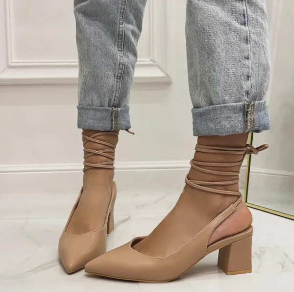 Primi Tacchi Rubina - Décolleté Donna Tacco Quadrato Punta Lacci Incrociati Beige Online