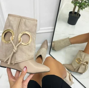 Primi Tacchi Sabry - Stivale Basso Scarpe Zeppa Punta Beige Discount