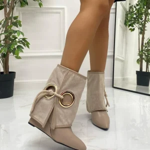 Primi Tacchi Sabry - Stivale Basso Scarpe Zeppa Punta Beige Discount