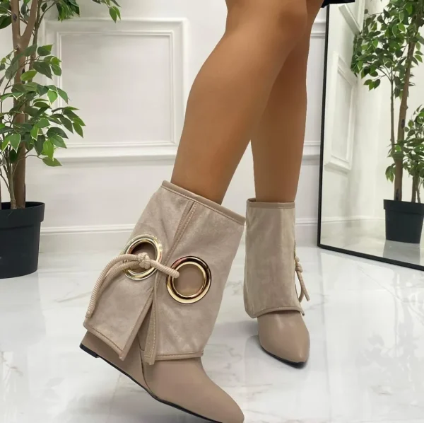 Primi Tacchi Sabry - Stivale Basso Scarpe Zeppa Punta Beige Discount