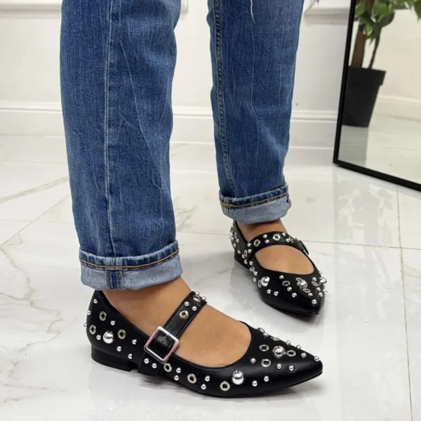 Primi Tacchi Shari - Scarpe Donna Ballerine Cinturino Borchie Casual NERO Sale