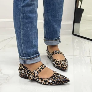 Primi Tacchi Shari - Scarpe Donna Ballerine Cinturino Borchie Casual LEOPARDATO Best