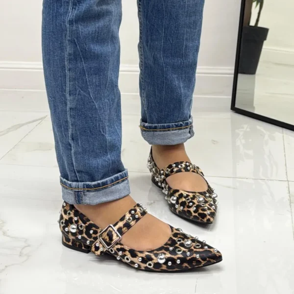 Primi Tacchi Shari - Scarpe Donna Ballerine Cinturino Borchie Casual LEOPARDATO Best