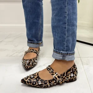 Primi Tacchi Shari - Scarpe Donna Ballerine Cinturino Borchie Casual LEOPARDATO Best