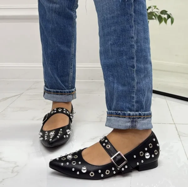 Primi Tacchi Shari - Scarpe Donna Ballerine Cinturino Borchie Casual NERO Sale