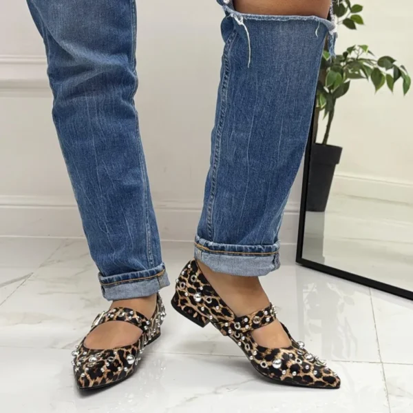 Primi Tacchi Shari - Scarpe Donna Ballerine Cinturino Borchie Casual LEOPARDATO Best