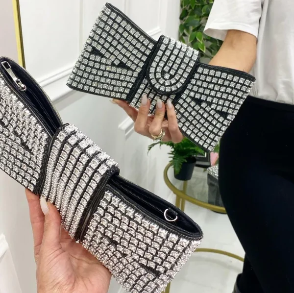 Primi Tacchi Shines - Borsa Donna Manico Cerniera Strass Elegante Nero Argento Blu Sale