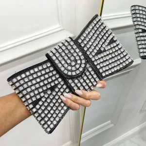 Primi Tacchi Shines - Borsa Donna Manico Cerniera Strass Elegante Nero Argento Blu Sale