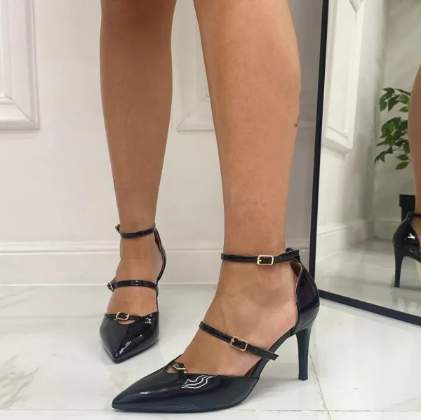 Primi Tacchi Sofia - Décolleté Donna Cinturini Tacco Spillo Elegante Vernice Nero Discount