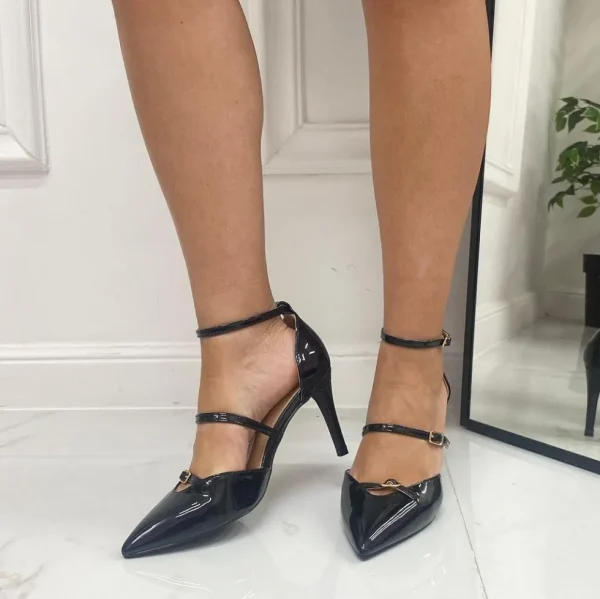 Primi Tacchi Sofia - Décolleté Donna Cinturini Tacco Spillo Elegante Vernice Nero Discount