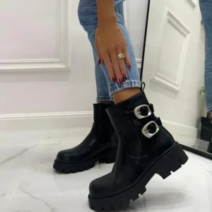 Primi Tacchi Soumia - Stivaletti Donna Anfibio Alto Fibbia Nero New