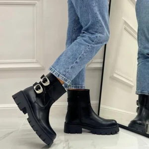 Primi Tacchi Soumia - Stivaletti Donna Anfibio Alto Fibbia Nero New