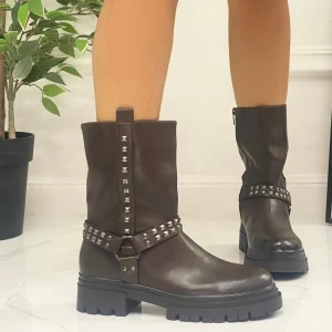 Primi Tacchi Tess - Stivaletto Anfibio Donna Scarpa Basso Casual Borchie Marrone Outlet
