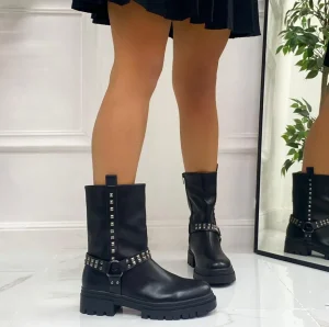 Primi Tacchi Tess - Stivaletto Anfibio Donna Scarpa Basso Casual Borchie Nero Clearance