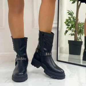 Primi Tacchi Tess - Stivaletto Anfibio Donna Scarpa Basso Casual Borchie Nero Clearance