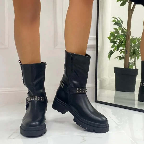 Primi Tacchi Tess - Stivaletto Anfibio Donna Scarpa Basso Casual Borchie Nero Clearance